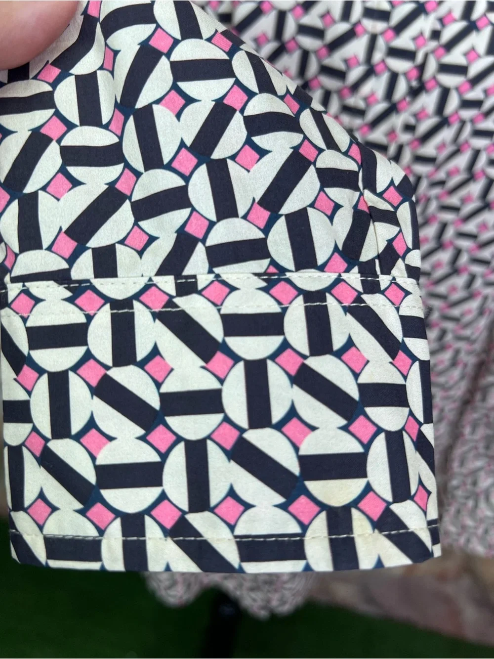 TYLER BOE Navy, Pink, and Cream Preppy Covered Button Front Pleated Yoke Top, 8 - Picture 8 of 16